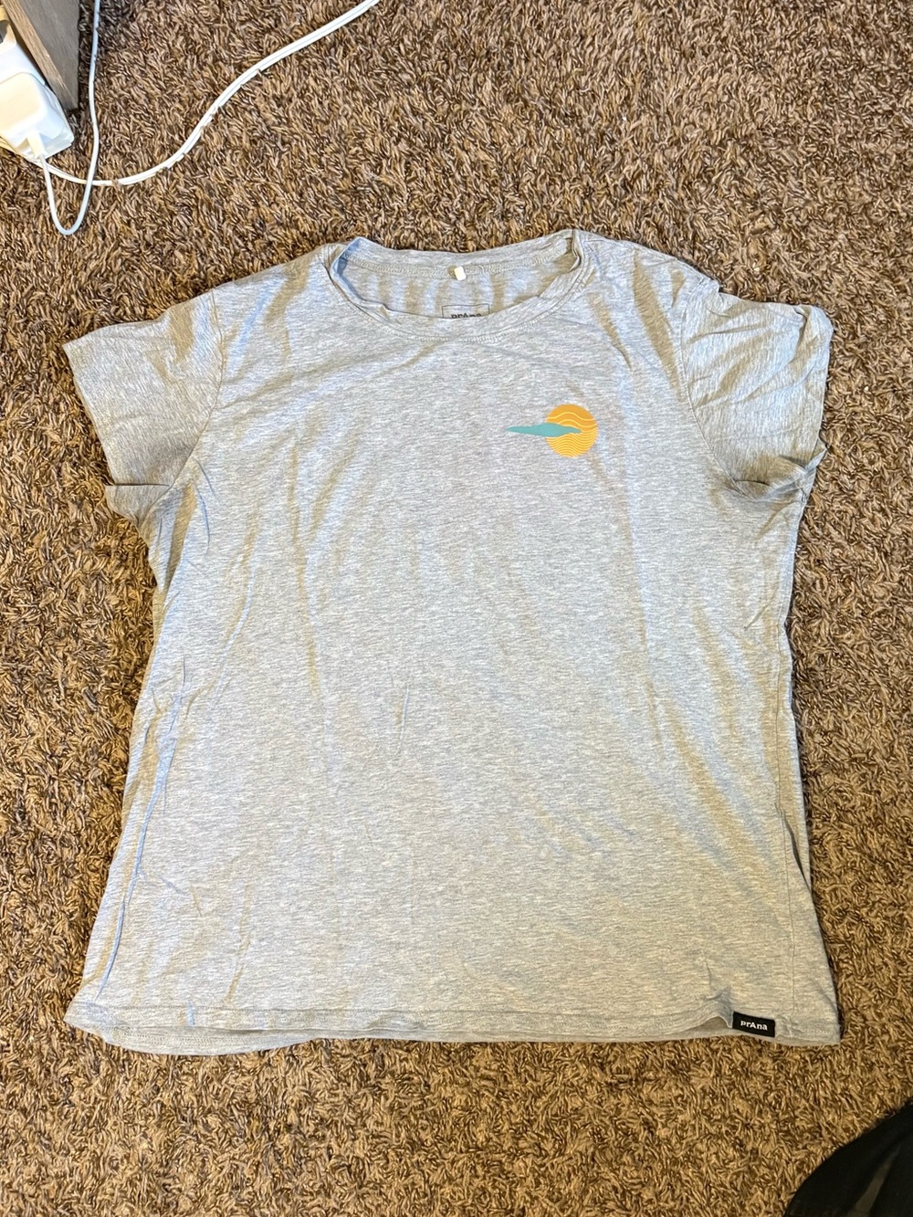 Prana Heather Gray Tee with Orange and Teal Sun Motif